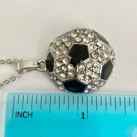 Soccer Ball Black Enamel Clear Crystal Silver Chain Necklace Jewelry Futball 19" - Picture 8 of 9